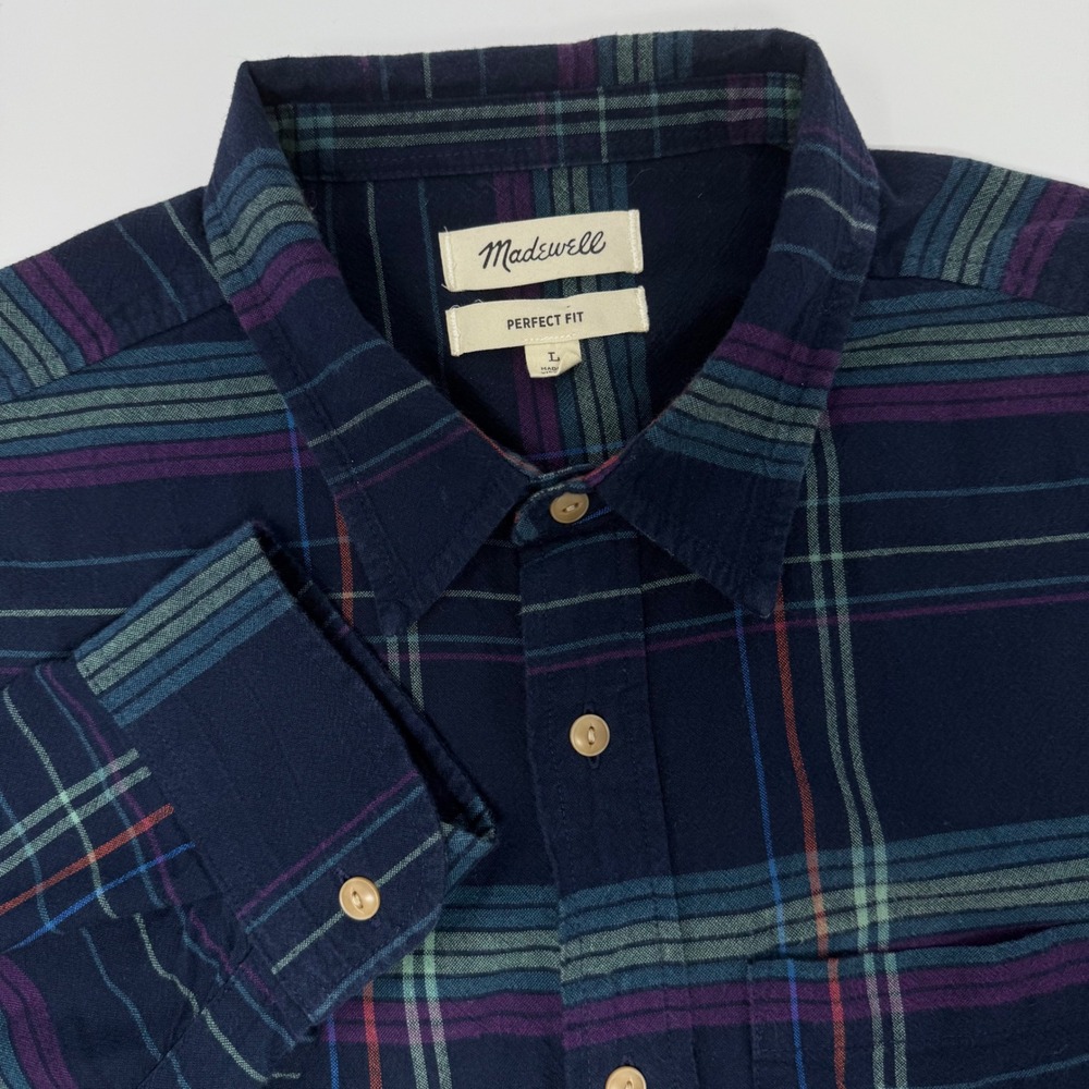 Madewell Perfect Fit Flannel Shirt Mens Large Navy Blue Purple Plaid Cotton